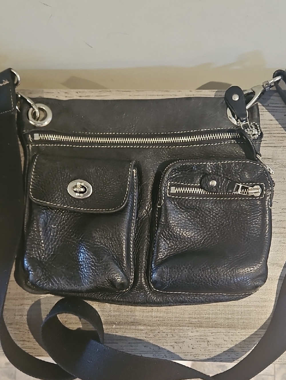 Roots Black Leather Crossbody Bag with Front Pockets